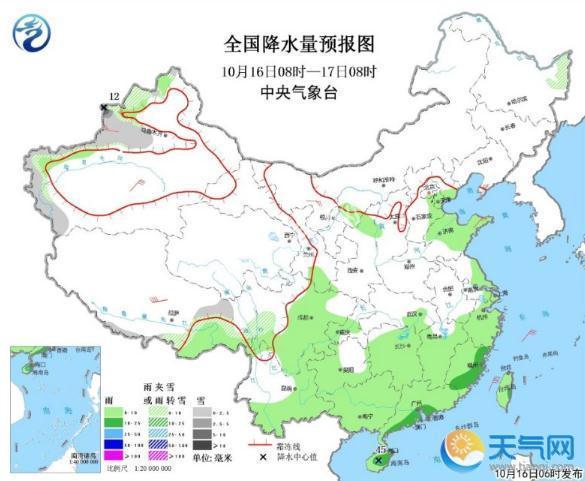 全国降水量预报图(10月16日08时-17日08时)