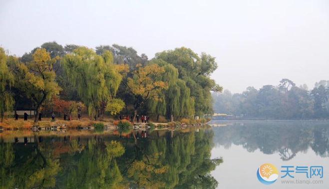 秋色中的河北承德避暑山庄 黄绿相间光影融合湖面平静