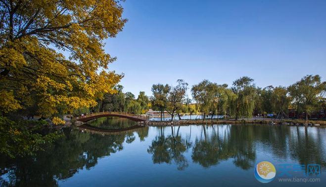 秋色中的河北承德避暑山庄 黄绿相间光影融合湖面平静