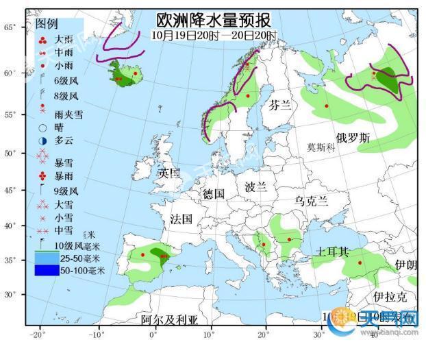 10月19日国外天气预报 低槽切变致欧洲北部强降水