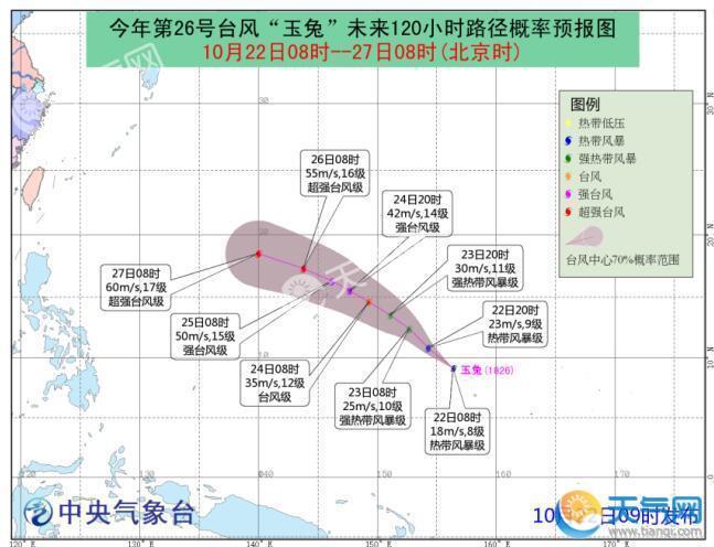 台风玉兔今日凌晨生成 26号台风实时路径图