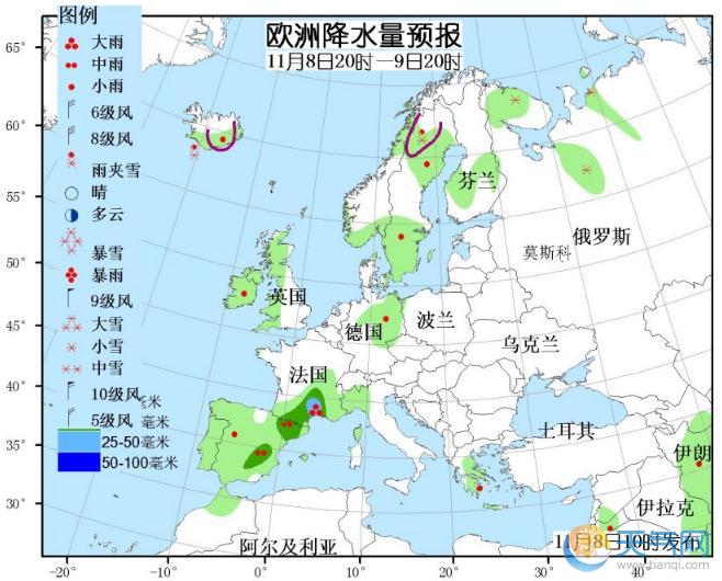 11月8日国外天气预报 北美洲东北部有强降雪