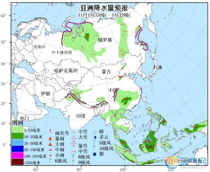 11月13日国外天气预报 北美洲北部南部亚洲北部强降雪