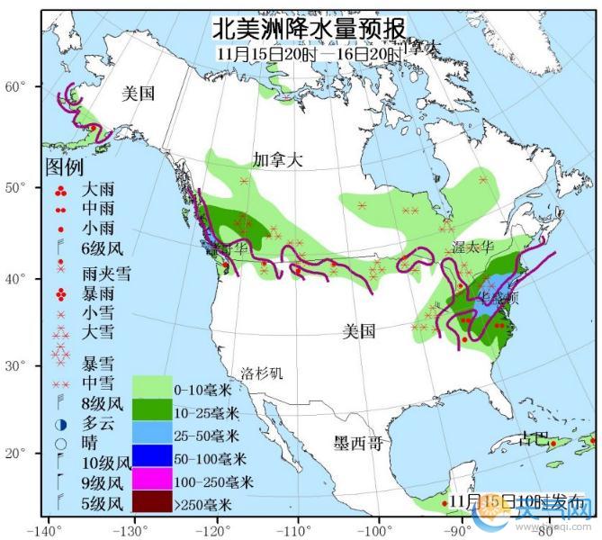 11月15日国外天气预报 亚洲北部北美北部大到暴雪
