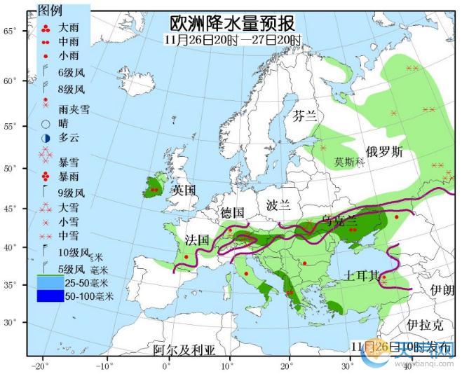 11月26日国外天气预报 北美西部东部强雨雪欧洲南部强降水