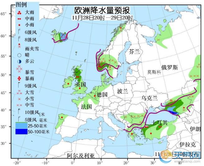 11月28日国外天气预报 北美西部东部欧洲南部强雨雪天气