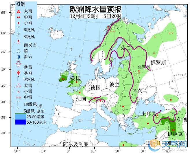 12月4日国外天气预报 欧洲北部东部中到大雪亚洲降温大风
