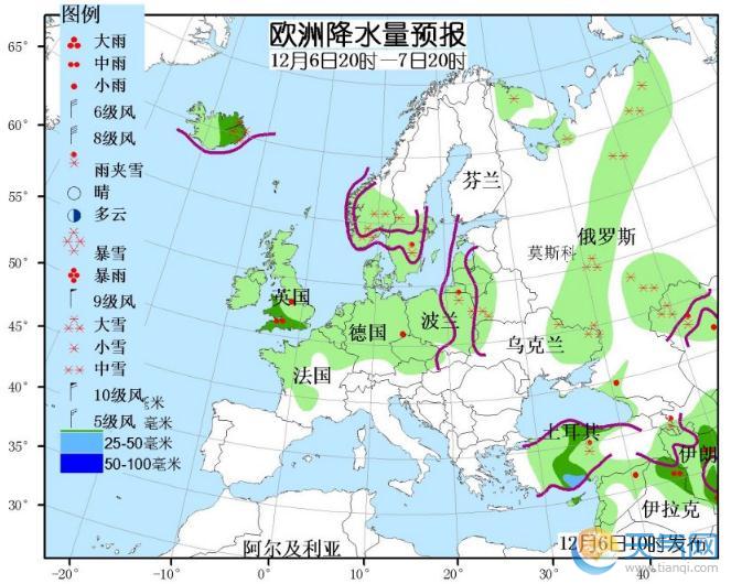 12月6日国外天气预报 欧洲北部东部强雨雪亚洲东部大风降温