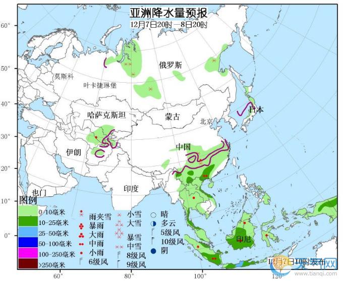 12月7日国外天气预报 亚洲东部大风降温北美西部南部雨雪