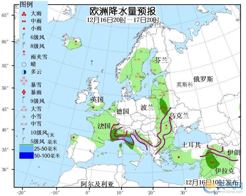 12月16日国外天气预报 北美洲西部东南部强雨雪