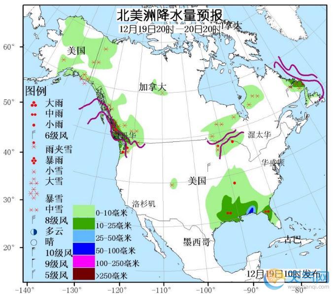 12月19日国外天气预报 北美洲东南部仍有较强降水