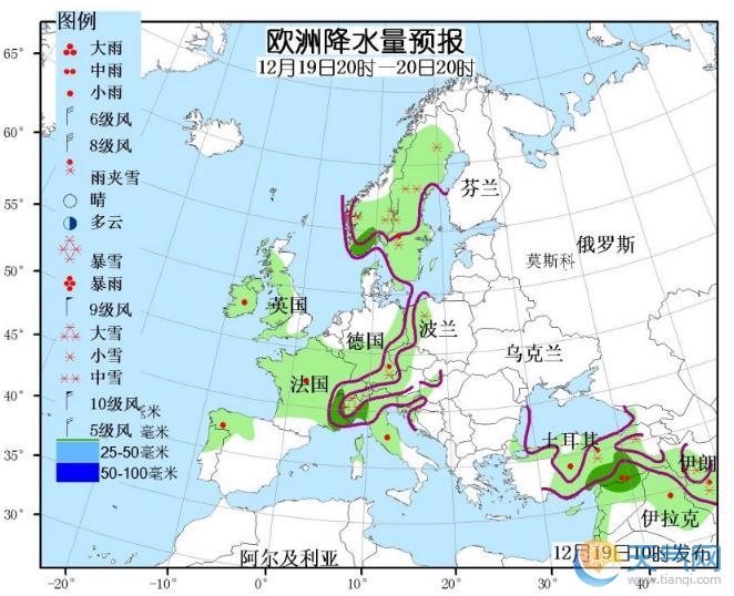 12月19日国外天气预报 北美洲东南部仍有较强降水