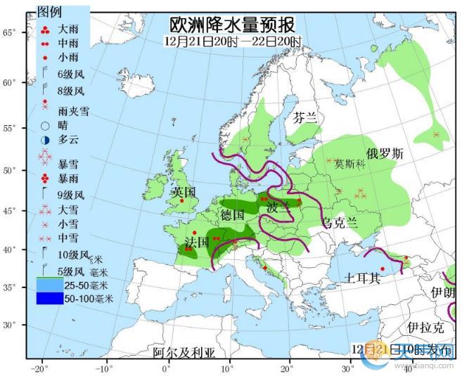 12月21日国外天气预报 北美洲东部有较强雨雪