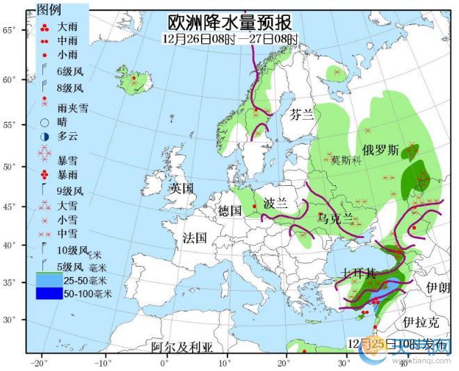 12月26日国外天气预报 北美南部欧洲中东部有较强雨雪