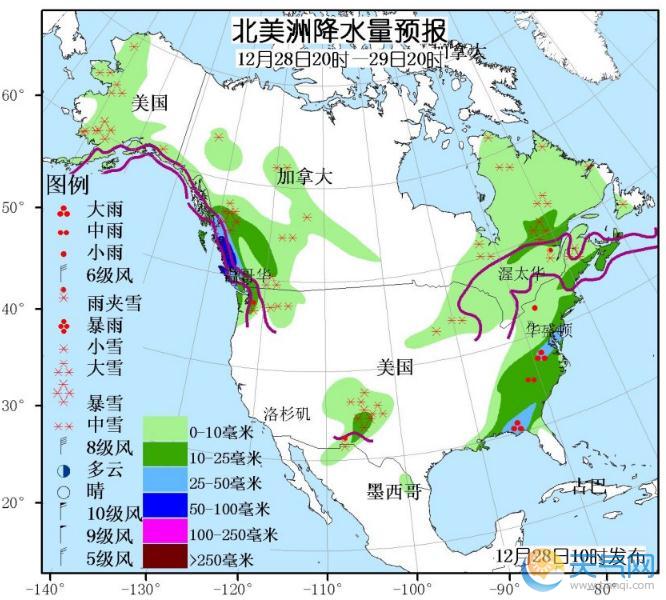 12月28日国外天气预报 北美洲东南部和西部有较强雨雪