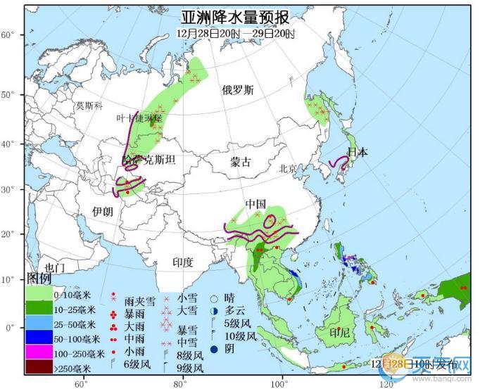 12月28日国外天气预报 北美洲东南部和西部有较强雨雪