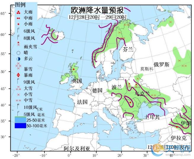 12月28日国外天气预报 北美洲东南部和西部有较强雨雪