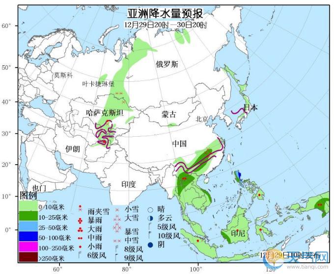 12月29日国外天气预报 北美洲东南部和西部有较强雨雪