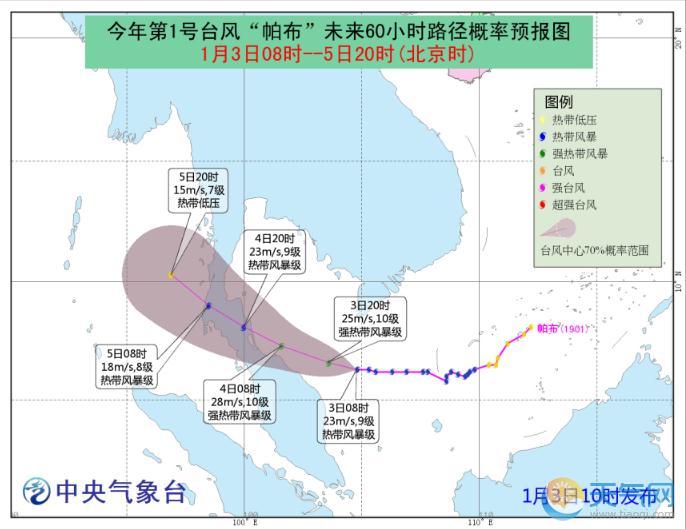 2019年1号台风最新路径图 台风帕布袭击马来半岛