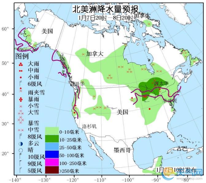 1月7日国外天气预报 北美西部和东北部亚洲南部强雨雪