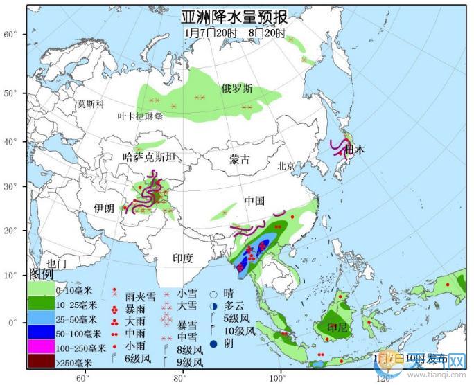 1月7日国外天气预报 北美西部和东北部亚洲南部强雨雪