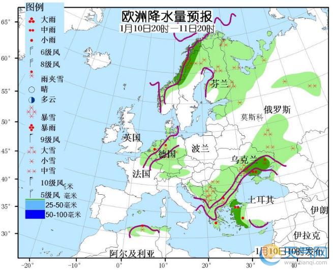 1月10日国外天气预报 北美洲西北部和东南部有较强雨雪