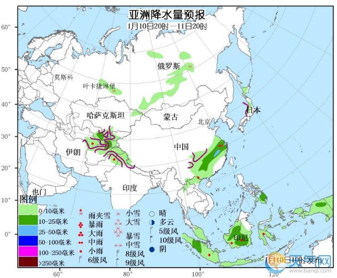 1月10日国外天气预报 北美洲西北部和东南部有较强雨雪