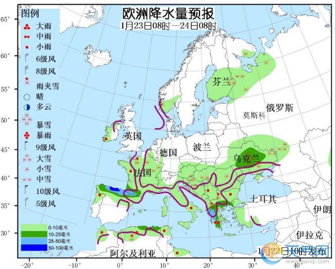 1月23日国外天气预报 北美洲中西部和东部有较强雨雪