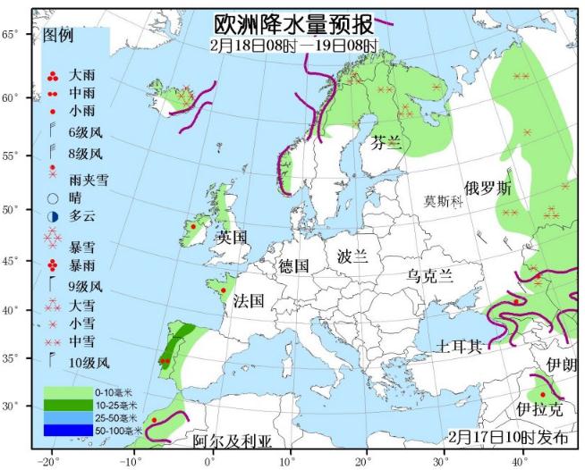 2月18日国外天气预报 北美洲西部和东南部有较强雨雪