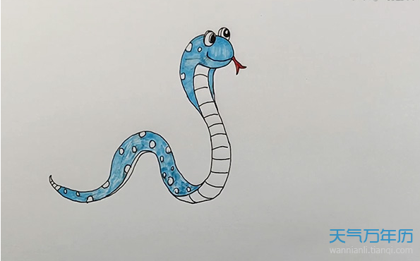 1,先画一个圆圆的眼睛,蛇的头部,另一只眼睛.蛇简笔