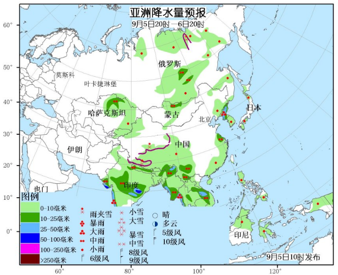 9月5日国外天气预报 亚洲南部暴雨和西部高温持续