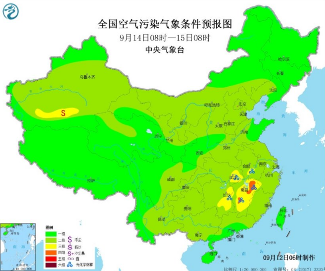 中秋节全国空气污染情况：大部良好仅江汉江南有臭氧污染
