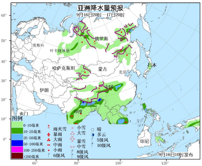 9月16日国外天气预报 亚洲南部和北美西海岸都有强降水