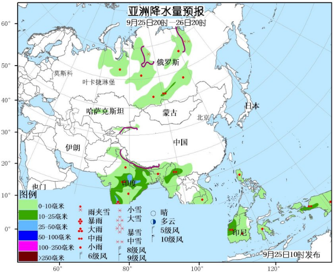 9月25日国外天气预报 亚洲南部北美西海岸都有强雨雪