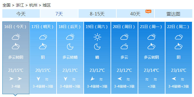 浙江多云到阴天气温回升 最低温明天将升至15℃以上