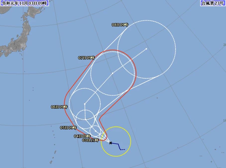 日本气象厅公布23号台风夏浪路径图 夏浪台风巅峰强度15级