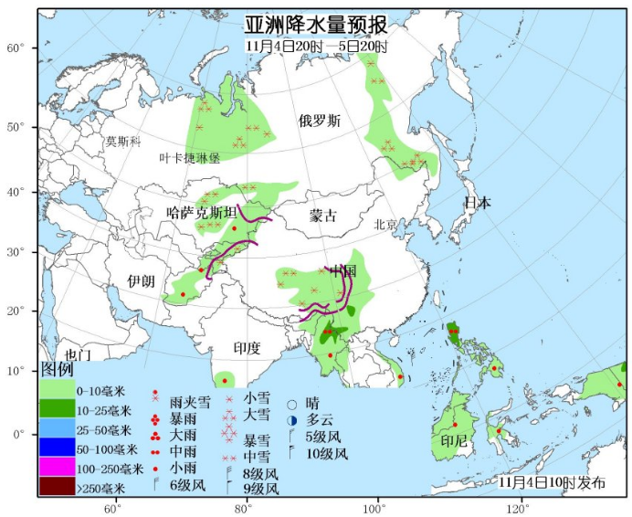 11月4日国外天气预报 东欧中部有较强雨雪