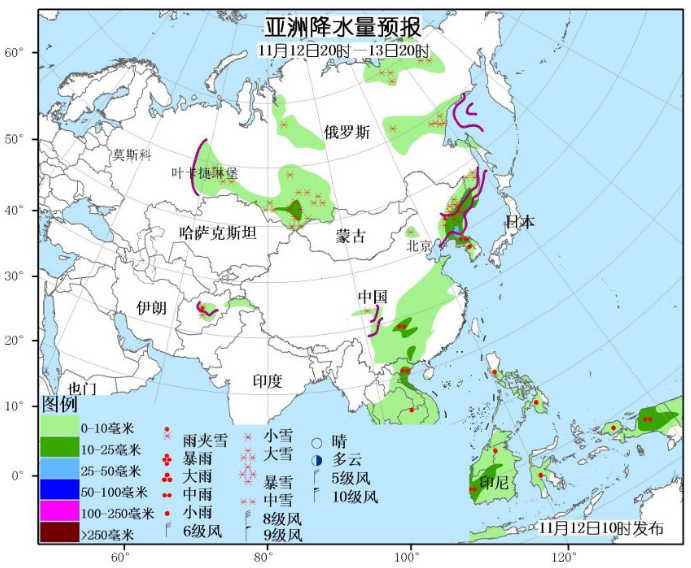 11月12日国外天气预报 亚洲东北部和南部有较强雨雪