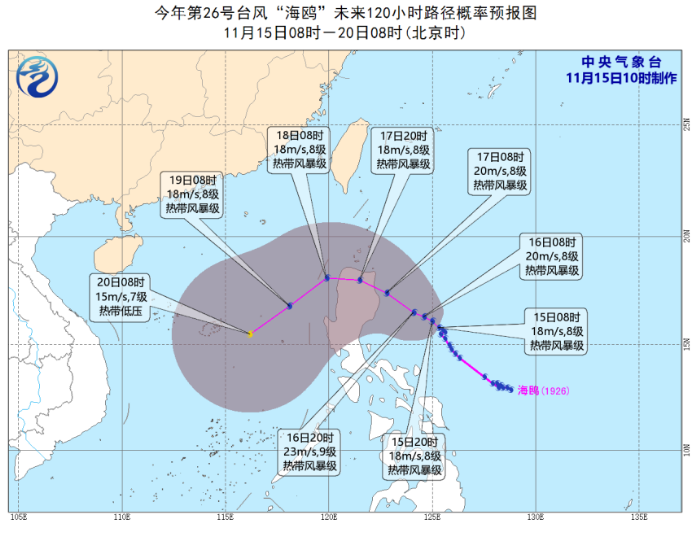 26号台风强度维持8级趋向吕宋岛 海鸥台风18日进入南海