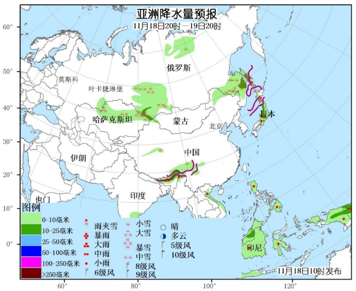 11月18日国外天气预报 亚洲北部和南部强雨雪突袭