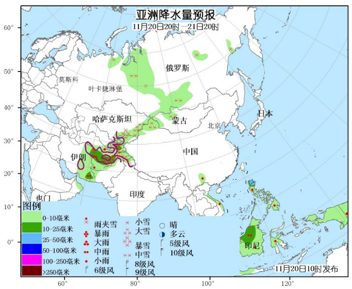 11月20日国外天气预报 亚洲北部南部强雨雪持续