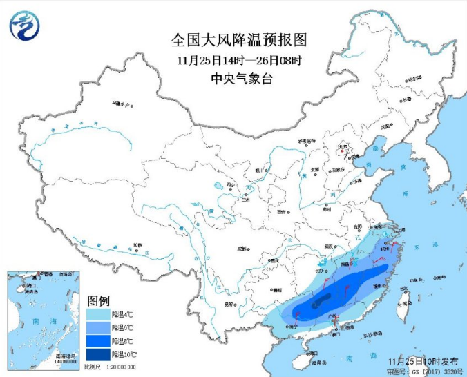 寒潮蓝色预警持续更新中 湖南广西出现10℃以上降温