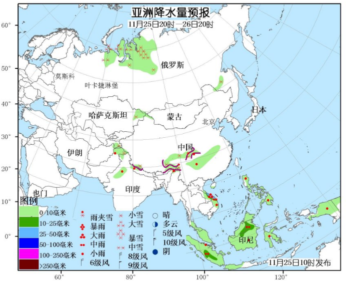 11月25日国外天气预报 亚洲西北部有较强降雪