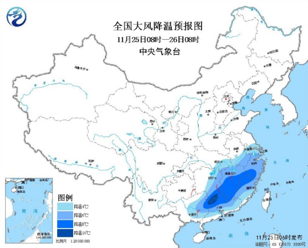 寒潮蓝色预警发布：湖南广东将出现10℃以上降温