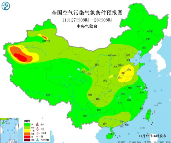 全国雾霾预报：陕西新疆和华北有轻度霾