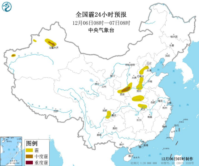 全国雾霾预报：中度霾袭击黄淮汾渭四川华北有大雾