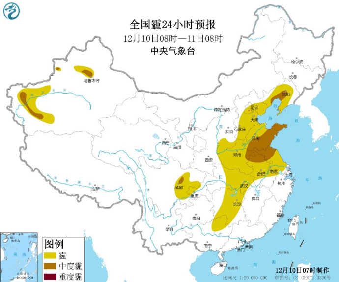 全国雾霾预报：华北中部雾霾最先消散