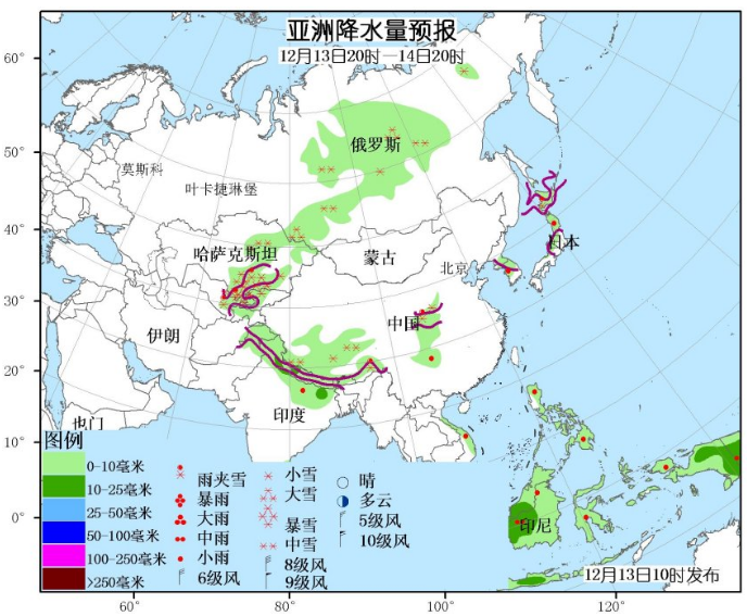 12月13日国外天气预报 南亚及西西伯利亚等地有较强雨雪