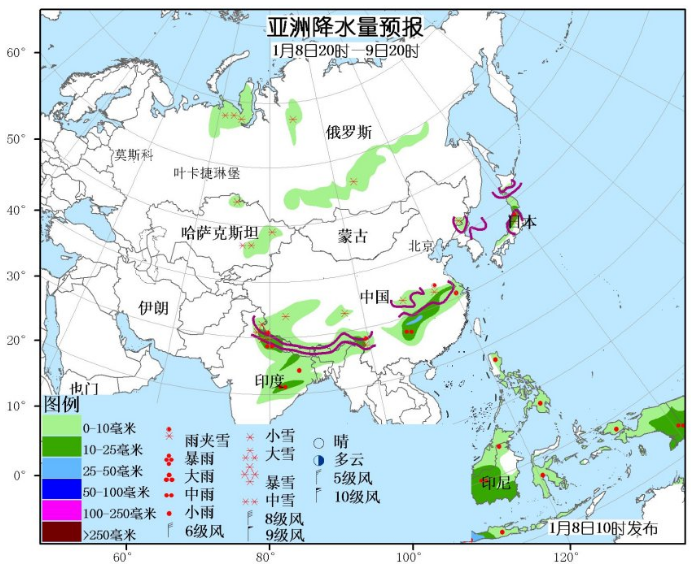 1月8日国外天气预报 北美西北部和东部雨雪较强