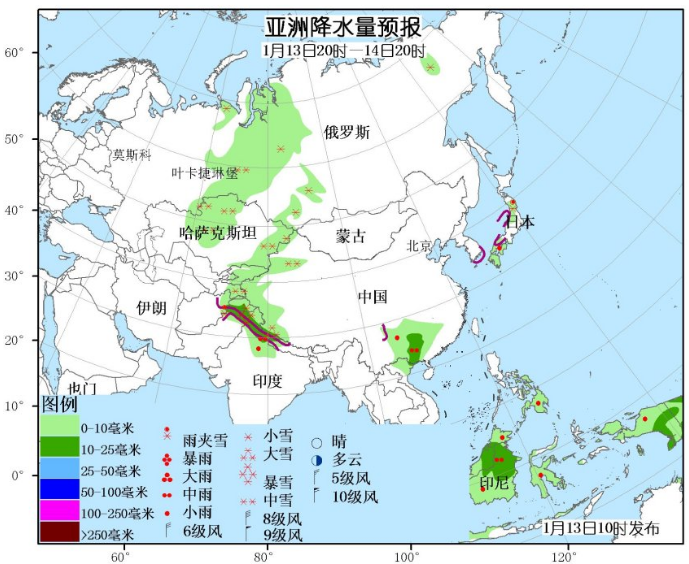 1月13日国外天气预报 美国西部东南部强雨雪